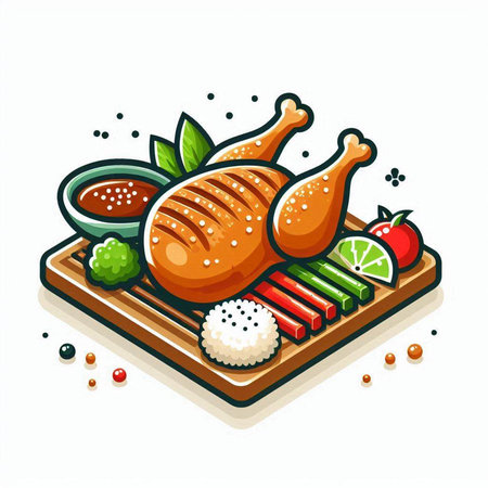 Illustration of grilled chicken with rice and vegetables on a white backgroundのイラスト素材