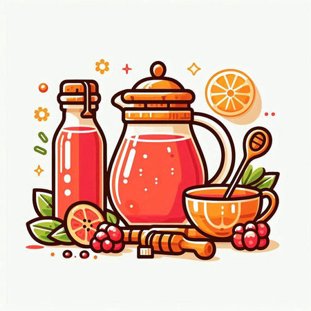Fruit tea in glass and bottle. Hand drawn vector illustration.のイラスト素材