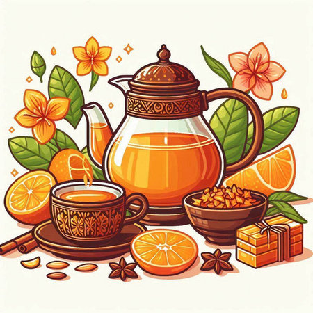 Vector illustration of tea in a teapot and cup with orange.のイラスト素材