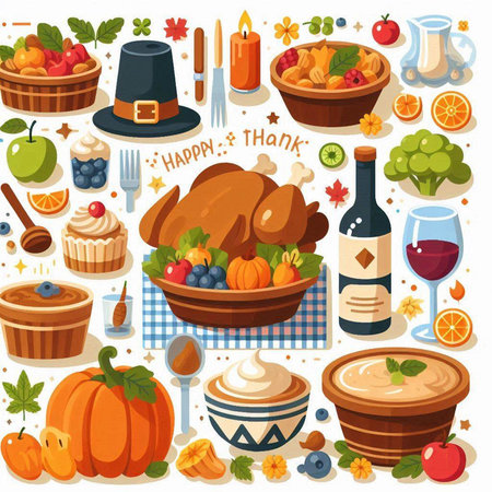 Thanksgiving day icons set with turkey, pumpkin, apple, pie, cupcake, wine and other food. Vector illustrationのイラスト素材