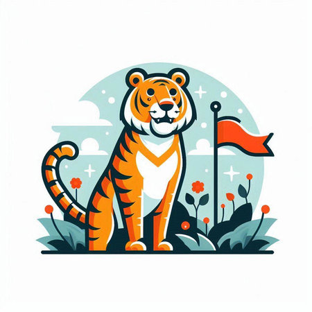 Illustration of a tiger on a background of flowers. Vector illustrationのイラスト素材