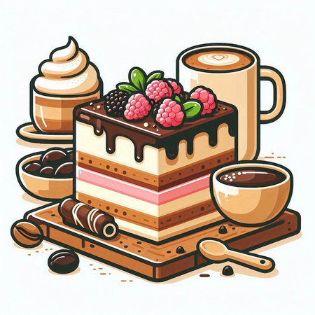 Piece of cake with berries, coffee and cream. Vector illustration.のイラスト素材