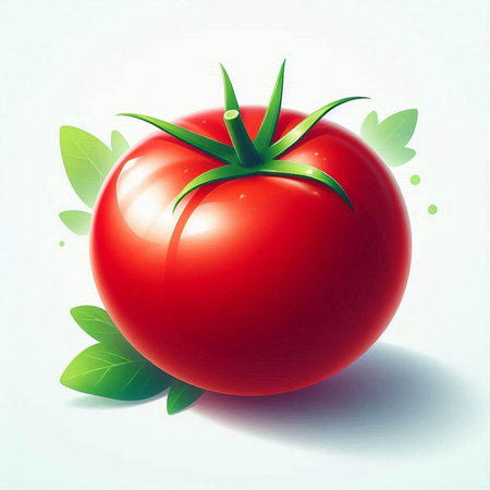 Tomato with green leaves on a white background. Vector illustration.のイラスト素材