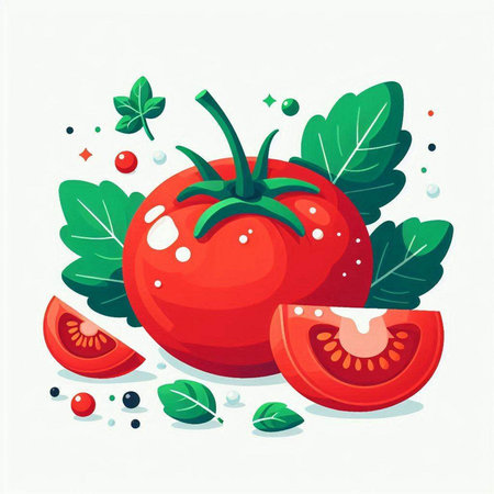 Tomato with green leaves. Vector illustration in flat cartoon style.のイラスト素材