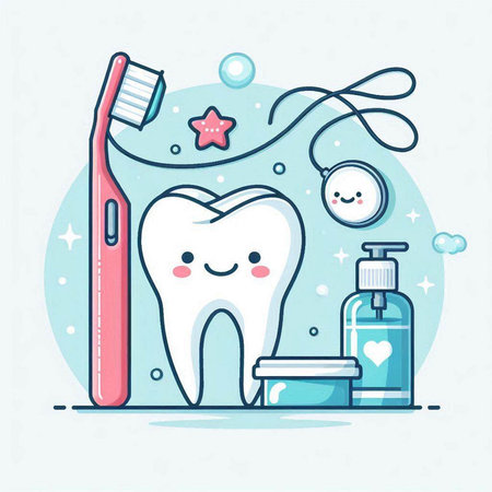 Cute cartoon tooth with toothpaste, toothbrush, toothpaste, toothpaste, toothbrush and toothpaste. Vector illustration.のイラスト素材