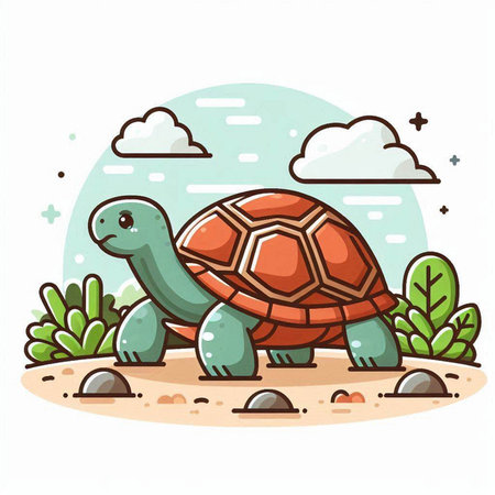 Cute cartoon turtle on the beach. Vector illustration of a turtle.のイラスト素材