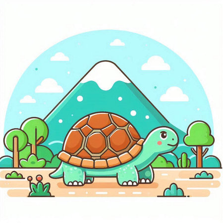 Cute cartoon turtle on the background of mountains. Vector illustration.のイラスト素材