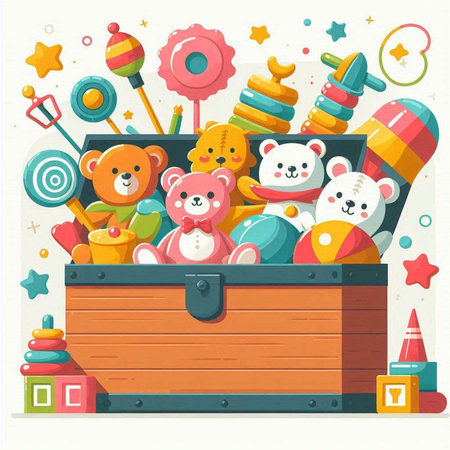 Vector illustration of a wooden box full of toys. Cute cartoon bear, bear, lollipop, teddy bear.のイラスト素材