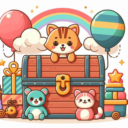 Cute animals in the wooden treasure chest with balloons and gifts illustrationのイラスト素材