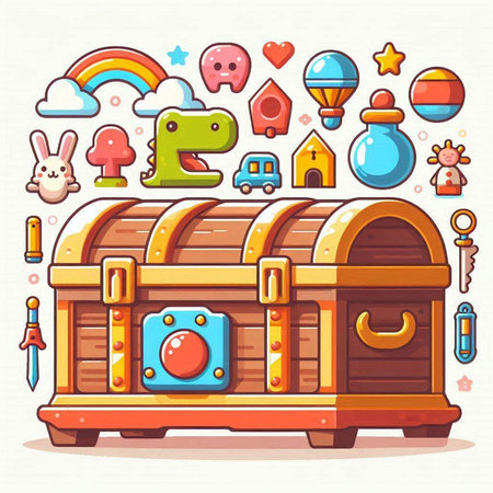 Cartoon vector illustration of a treasure chest with different colorful fantasy items.のイラスト素材