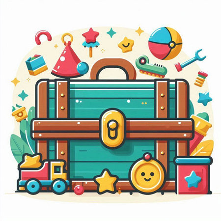 Colorful cartoon illustration of a suitcase with toys. Vector illustration.のイラスト素材