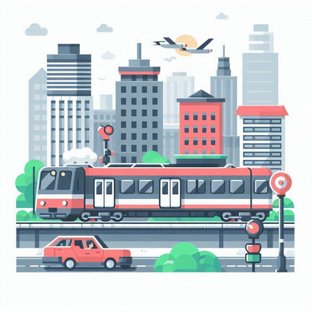 Train on the city street. Vector illustration in flat design style.のイラスト素材