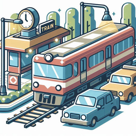 Vector illustration of train on a city street. The concept of travel and transport.のイラスト素材