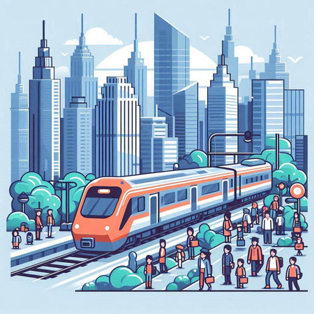 Train in the city. Vector illustration of modern city with people and train.のイラスト素材