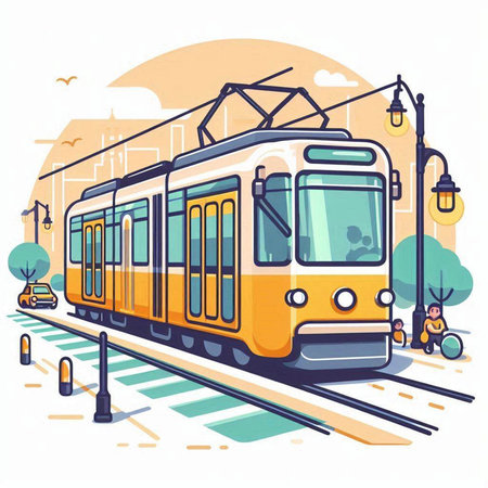 Modern tram on the city street. Vector illustration in flat style.のイラスト素材
