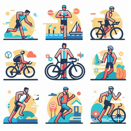 Set of sport icons. Vector illustration in flat design. Cyclist, cyclist, jogger, cyclist, jogging, cyclist, cyclist, cyclist.のイラスト素材