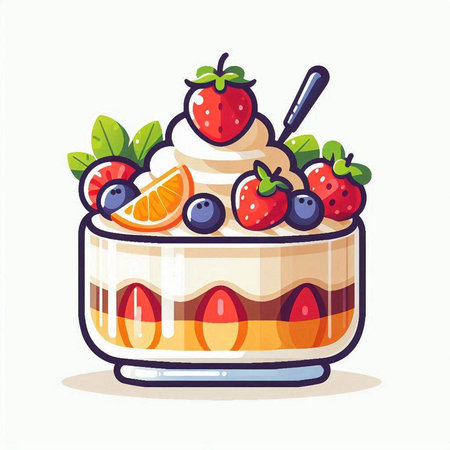 Fruit cake with whipped cream and fresh berries. Vector illustration.のイラスト素材