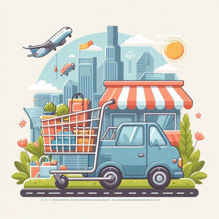 Vector illustration of a shopping cart with awning and a truck on the background of the city.のイラスト素材