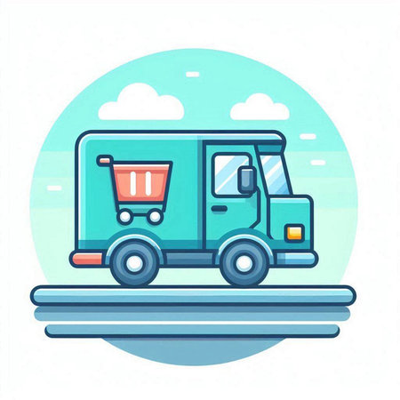Truck with shopping cart on the road. Flat style vector illustration.のイラスト素材