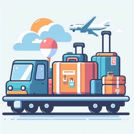Vector illustration of a train with suitcases and luggage. Travel concept.のイラスト素材