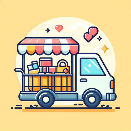 Coffee truck with boxes and gifts. Vector illustration in flat line style.のイラスト素材
