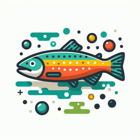 Colorful flat vector illustration of rainbow trout on abstract colorful background.のイラスト素材