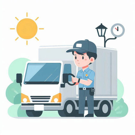 Vector illustration of a delivery man in uniform delivering a package to the customer.のイラスト素材