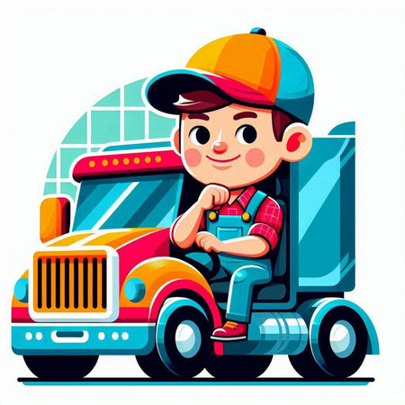 Cute cartoon boy in uniform driving big truck. Vector illustration.のイラスト素材