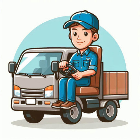Illustration of a delivery man driving a truck with a box.のイラスト素材