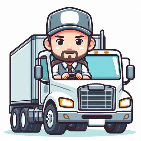 Courier driving a truck. Vector illustration of a delivery man.のイラスト素材