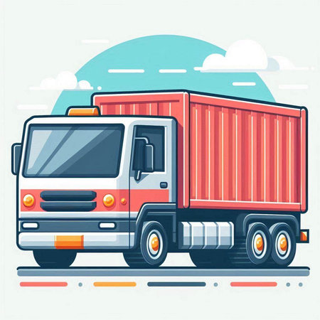 Illustration of a red cargo truck on the road. Vector illustration.のイラスト素材