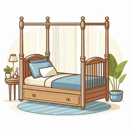 Illustration of a wooden bed with pillows on a white backgroundのイラスト素材