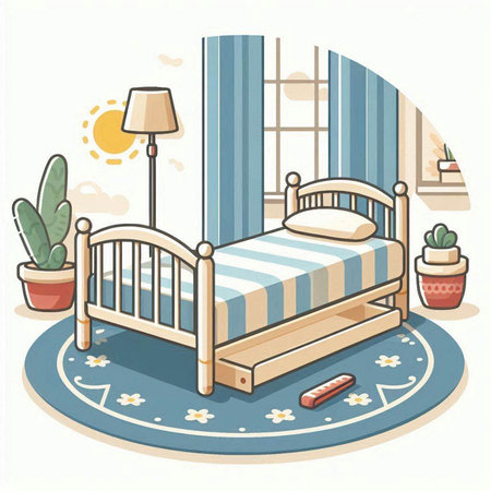 Illustration of a bed in a room with a potted plantのイラスト素材