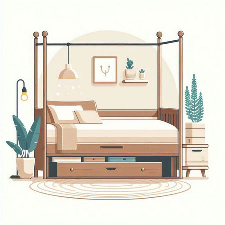 Bedroom interior. Vector illustration in flat style. Bedroom furniture.のイラスト素材