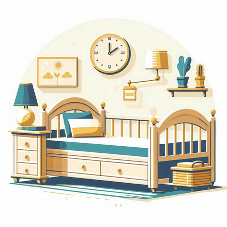 Vector illustration of children's room with bed, lamp, nightstand and clockのイラスト素材