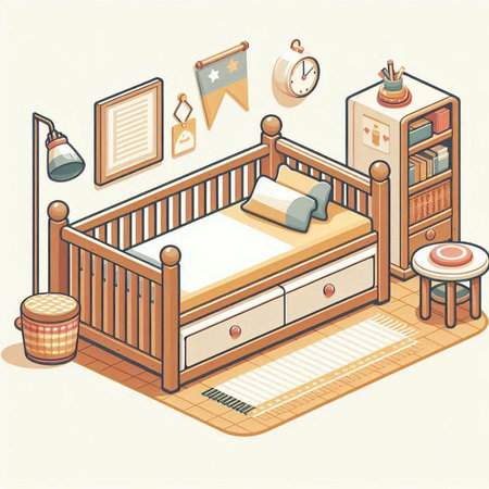 Illustration of a baby room with a bed and bedside tableのイラスト素材
