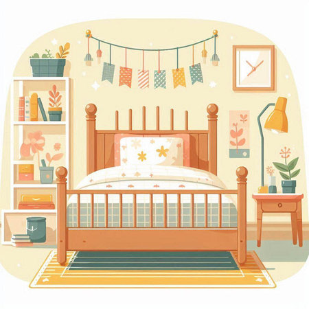 Vector illustration of a children's bedroom with a double bed and a shelf with toys.のイラスト素材