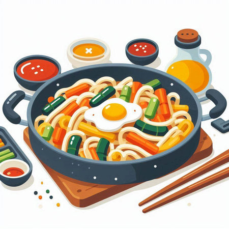 Illustration of fried noodle in a frying pan with chopsticksのイラスト素材
