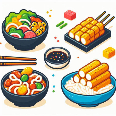 Set of vector illustrations of Japanese food. Sushi, rolls, vegetables, chopsticks.のイラスト素材