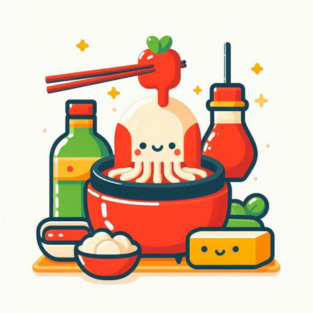 Kawaii Asian food in bowl on white background. Vector illustration.のイラスト素材
