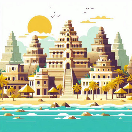 Hindu temple on the seashore with palm trees. Vector illustrationのイラスト素材