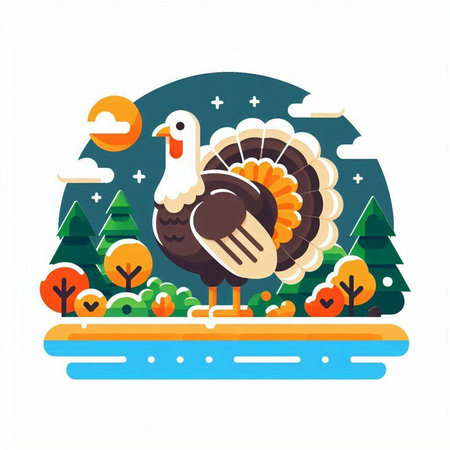 Vector illustration of a Turkey on the background of the forest. Flat style.のイラスト素材