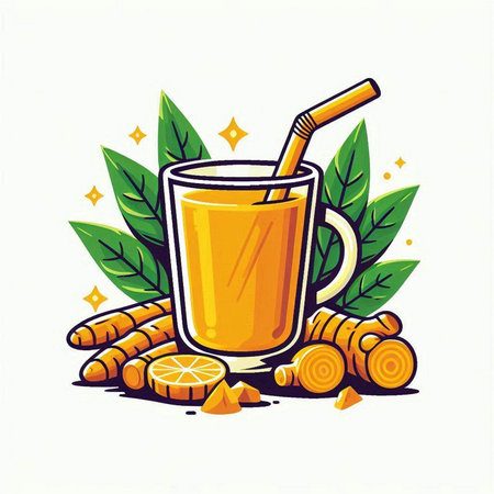 Turmeric juice in a glass with a straw. Vector illustration.のイラスト素材