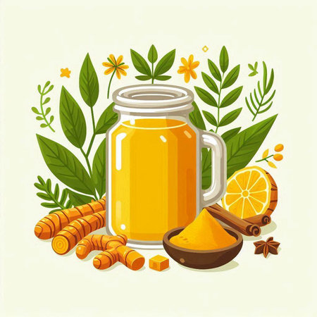 Ginger tea in a glass jar with ginger root, lemon and cinnamon. Vector illustration.のイラスト素材