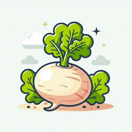 Illustration of a fresh turnip with green leaves. Vector illustration.のイラスト素材