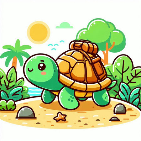 Cute Cartoon Turtle Walking on the Beach. Vector Illustration.のイラスト素材