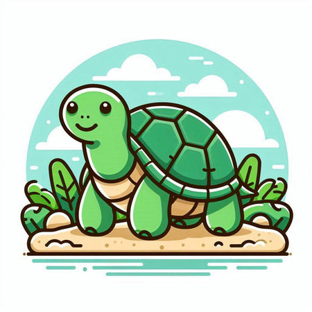 Cute cartoon turtle on the sand. Vector illustration in a flat style.のイラスト素材