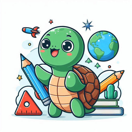 Vector illustration of cute cartoon turtle with books, pencils and planets.のイラスト素材