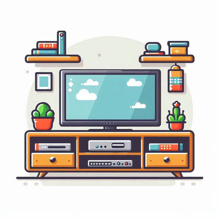 Living room with TV, bookshelf, coffee table and plants. Flat style vector illustration.のイラスト素材