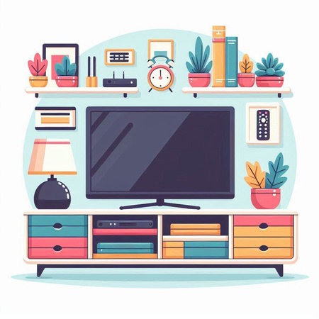 Home living room with TV, bookshelf, lamps and plants. Flat style vector illustration.のイラスト素材